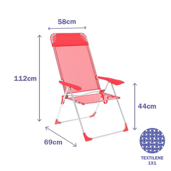 Marbueno Silla Plegable 5 Posiciones Aluminio con Cojin Coral Playa y Piscina 69X58X110 cm 10360 1