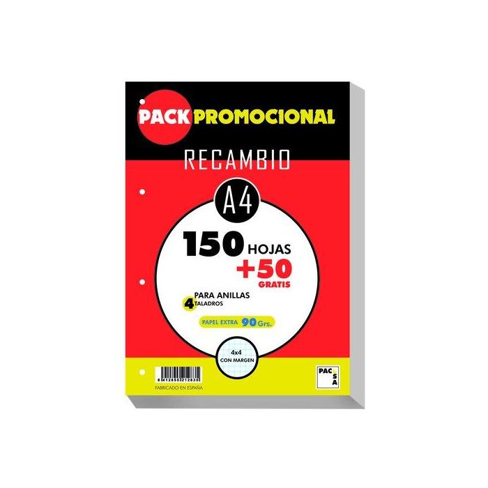 Recambio Pacsa A4 200H (150+50) 90Gr 4 Taladros Cuadric.4X4 C/Margen