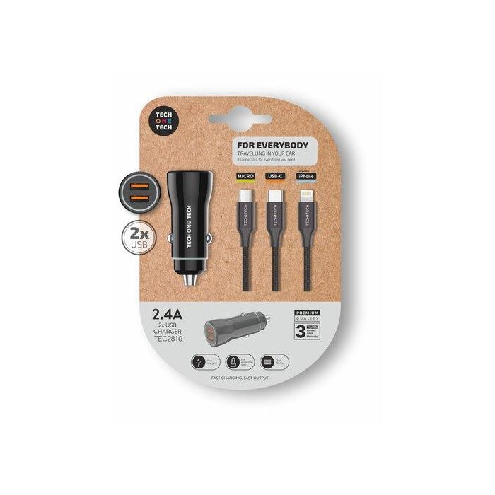 Cargador Tech-One-Tech Doble Mechero Coche 2Xusb Negro + Cable Triple (Micro-Usb. Lightning, Usb-C)