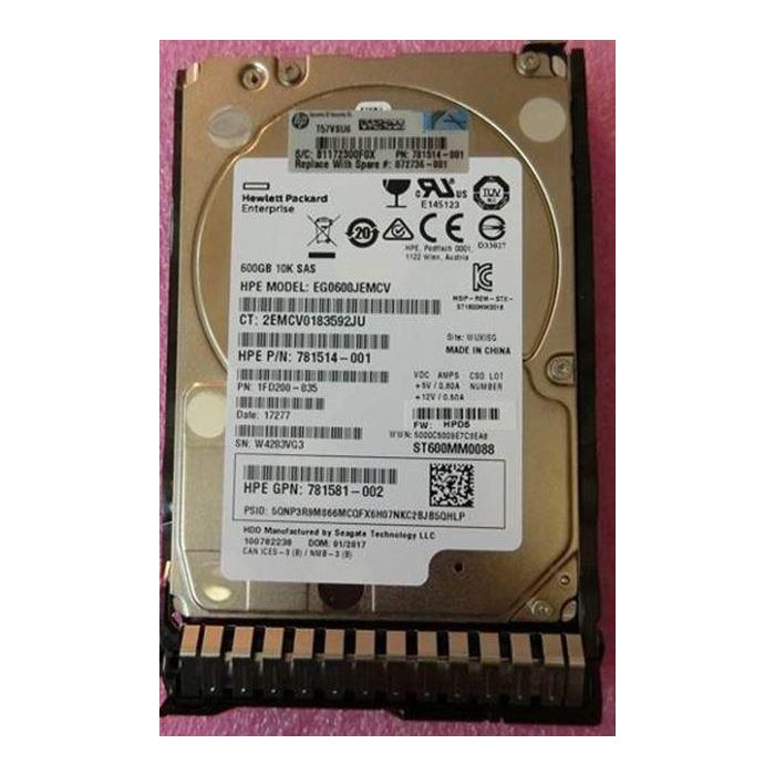 Hewlett Packard Enterprise 600GB hot-plug dual-port SAS hard drive - 10,000 RPM, 6Gb/sec transfer rate, 2.5-inch small form factor (SFF), Enterprise, SmartDrive Carrier (SC) - Not for use in MSA products 1
