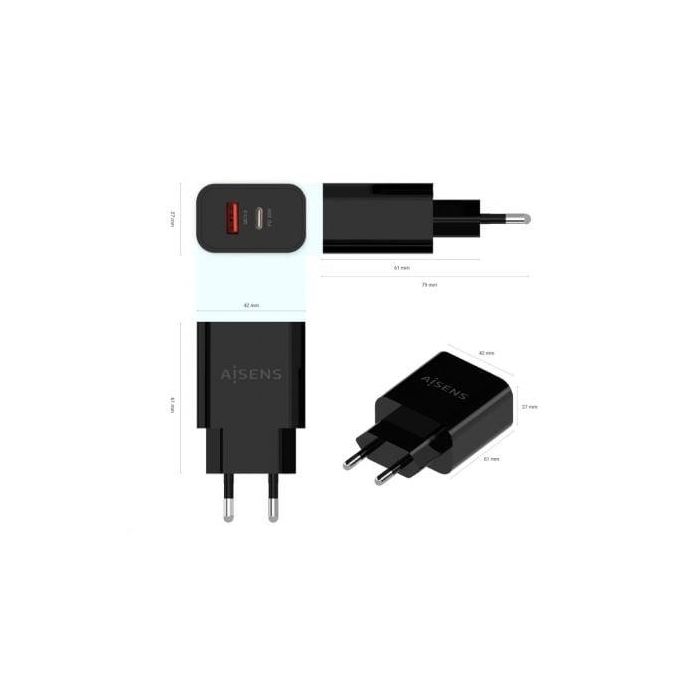 Aisens Cargador 1XUSB-C PD3.0, 1XUSB-A QC3.0 20W Negro, Carga Rápida PD3.0 y QC3.0 2