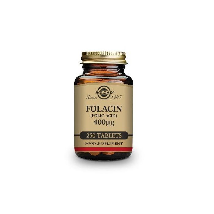 SOLGAR Ácido Fólico (Folacín) 400Mcg. 250 Comprimidos. Suplemento para Células Nuevas. Apto para Veganos.
