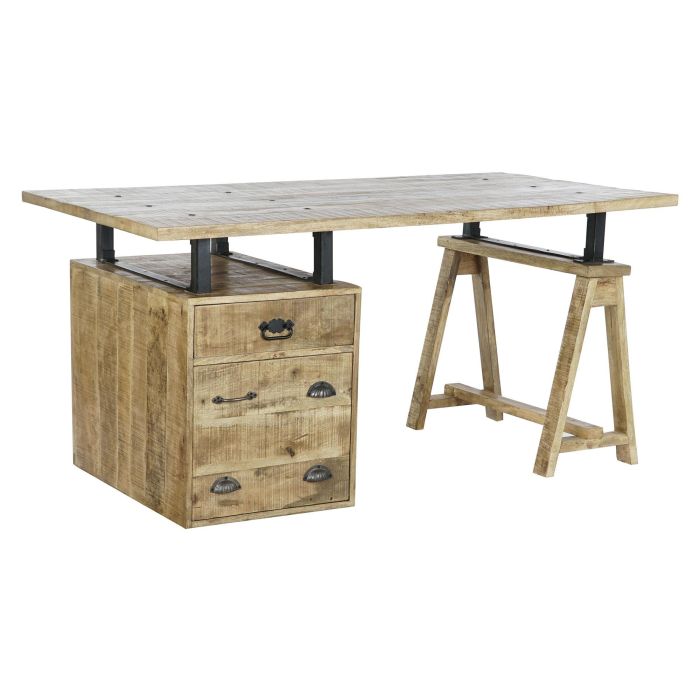 DKD Home Decor Escritorio Home Office Natural Negro 160x80x75cm con 2 Cajones, Madera de Mango y Metal