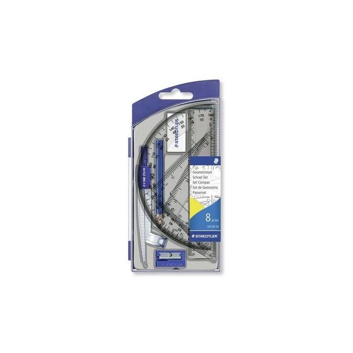 STAEDTLER Noris 550 Set de Geometría de 8 piezas: Compás, Sacapuntas, Borrador, Regla, Cartabón. Azul Transparente