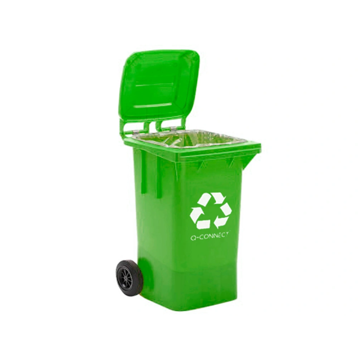 Q-connect Papelera Contenedor Plástico Verde para Envases de Vidrio 100L con Tapa y Ruedas 750x470x370 mm 3