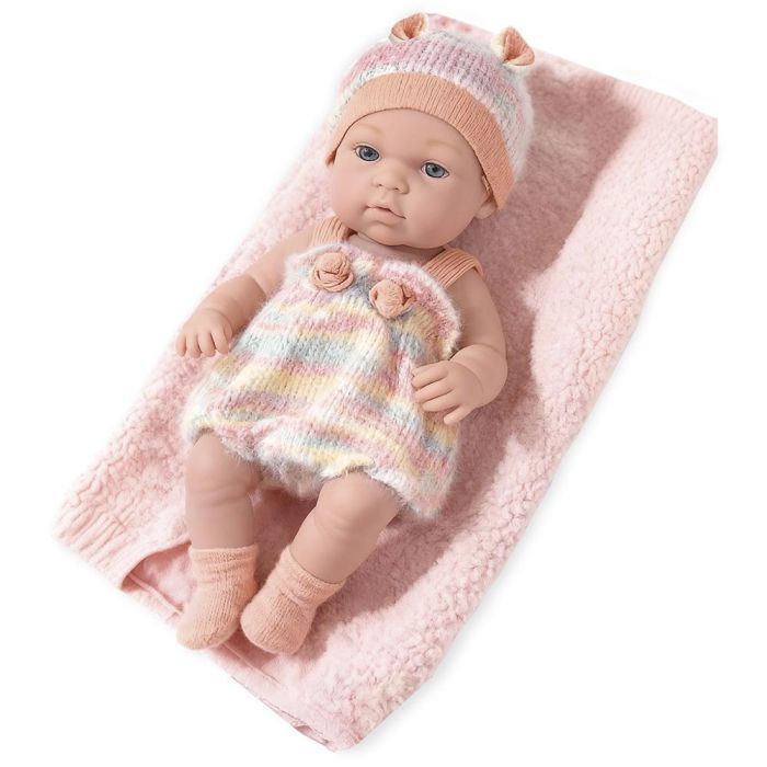 Tachan T00996 Muñeca Bebé 30cm, Cuerpo Blandito, Conjunto Naranja Tejido Multicolor, Gorro y Botitas, con Mantita, +3 Años