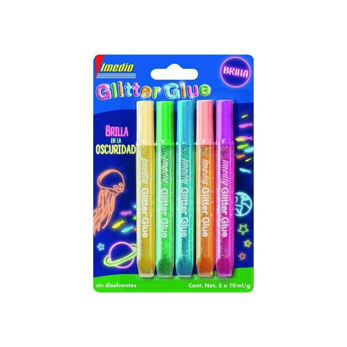Imedio Adhesivo Glitter Glue Brilla en la Oscuridad, Tubo 10 mL, Blíster 5 Colores Surtidos