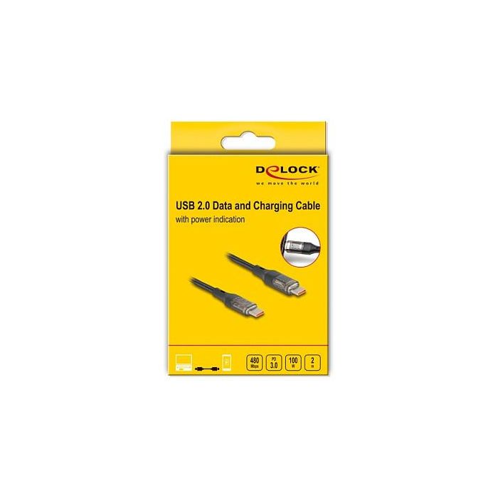 Delock Cable USB Tipo C a Tipo C 2m, USB 2.0, PD 3.0 100W Carga Rápida con Indicador de Potencia, Trenzado Textil Negro 3