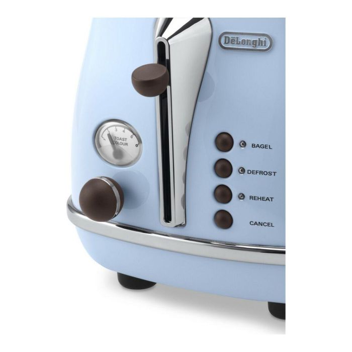 Delonghi CTOV 2103.AZ Tostadora Icona Vintage 900W, 2 Ranuras, con Descongelación y Cancelación, Azul y Marrón 4 Delonghi CTOV 2103.AZ Tostadora Icona Vintage 900W, 2 Ranuras, con Descongelación y Cancelación, Azul y Marrón 4