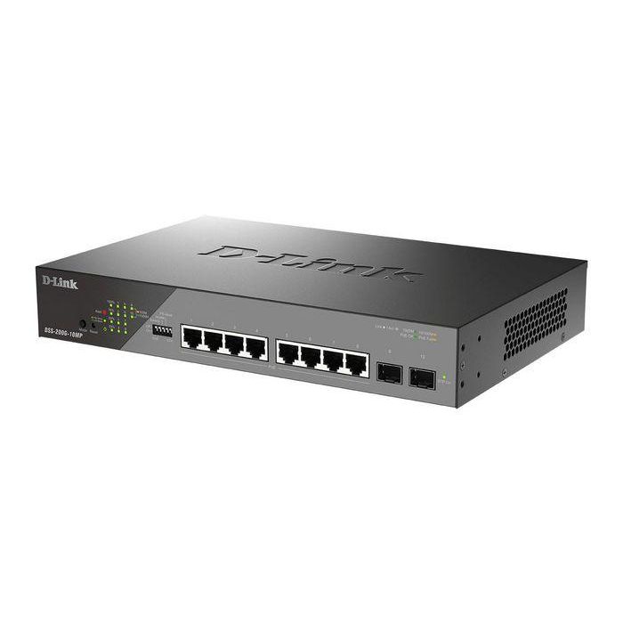 D-Link 1U, Gigabit Ethernet, 8x 10/100/1000 Mbps PoE, 2x SFP 1000 Mbps, 14.88 Mpps, 8K Entries, PoE 130 W, DDR3 128 MB, 0 dB, 100-240 VAC, 50-60 Hz, Grey, 1.55 kg 2