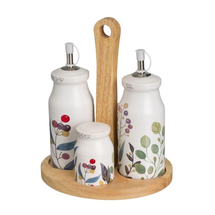 Set de Aceitera y Vinagrera BERRIES Blanco Rojo Verde Madera Gres 210 ml 21 x 8,5 x 18 cm 4 Piezas