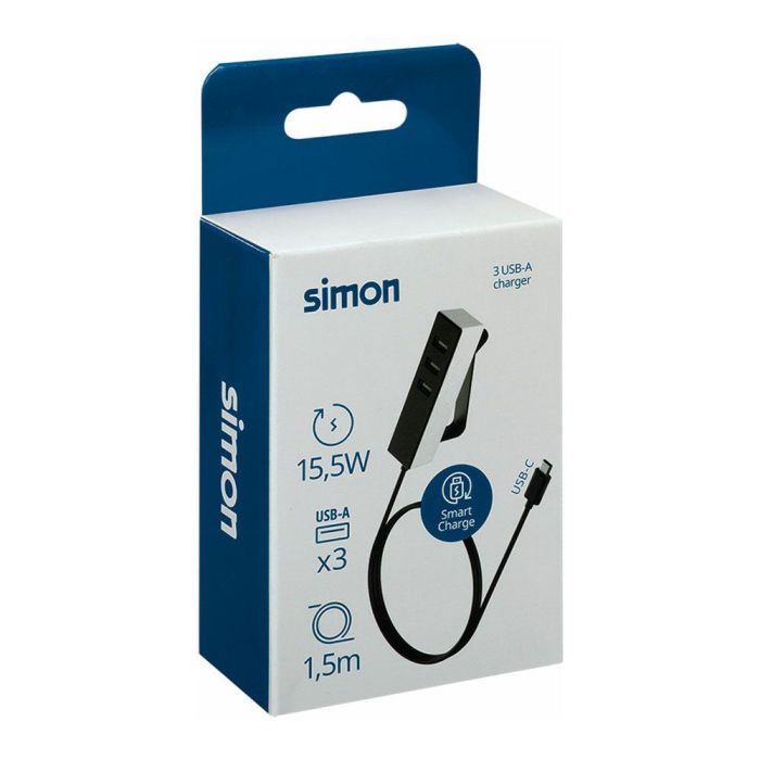 Simon - Adaptador USB C de 3 Puertos con Fijación - 3 Puertos USB A 9A Total, Cable USB C 1.5 m Negro - Adaptador USB Hub de Pared