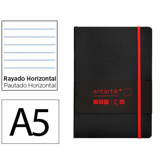 Cuaderno Con Gomilla Antartik Notes Tapa Blanda A5 Hojas Rayas Negro Y Rojo 80 Hojas 80 gr Fsc