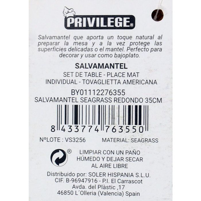 Salvamantel Redondo Seagrass 35 cm Privilege (36 Unidades) 6 Salvamantel Redondo Seagrass 35 cm Privilege (36 Unidades) 6