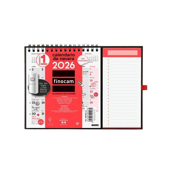 Finocam XS-140x150 mm Mv Neutro Calendario anual con imán para escribir 2026, con espacio diario para anotaciones y bloc para listas