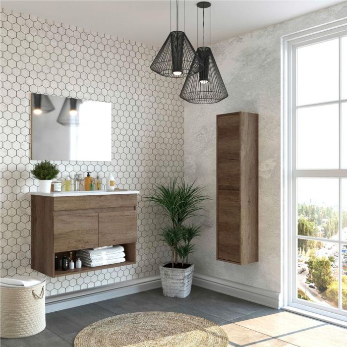 Forés/Arkit Mueble suspendido para baño, 2 puertas + espejo, marrón nordik, melamina y PVC, 80x45x64 cm 5