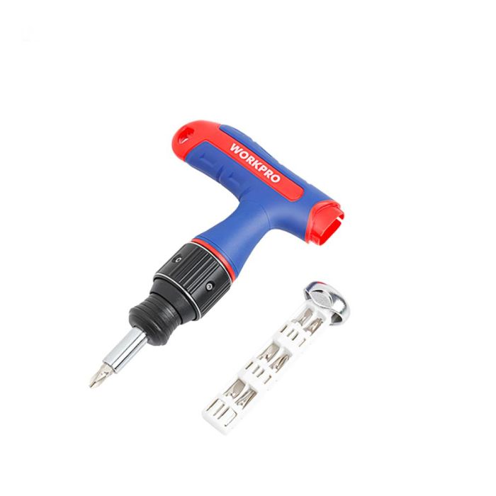 Workpro Destornillador de Carraca T 8 Piezas, 2 Veces Más Rápido, Mango Ergonómico, 7 Puntas Acero Cromo Vanadio, Rojo/Azul