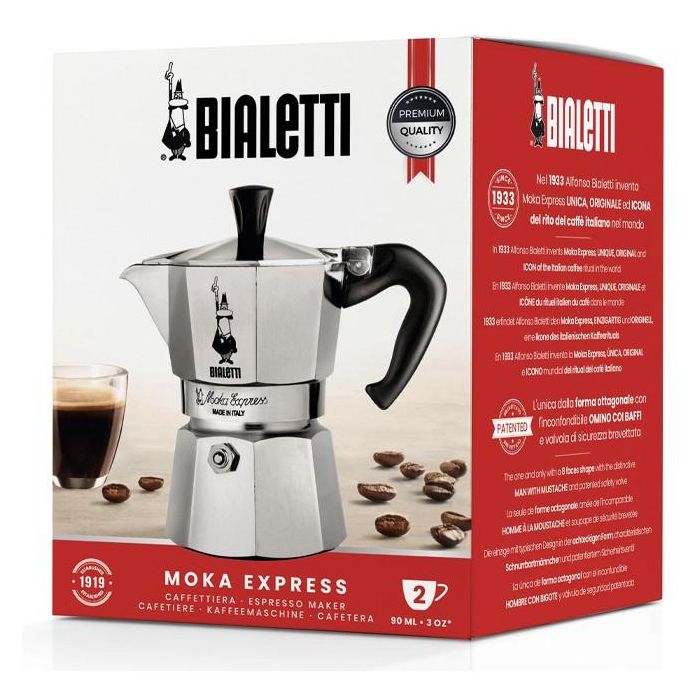 Bialetti Moka Express Cafetera Italiana de Aluminio Color Plata para 2 Tazas 2 Bialetti Moka Express Cafetera Italiana de Aluminio Color Plata para 2 Tazas 2