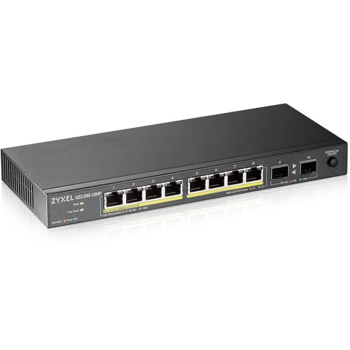 Zyxel GS1100-10HP v2 Switch No Administrado Gigabit Ethernet con 8 Puertos RJ-45 PoE y 2 Ranuras SFP, 130W, 20 Gbit/s, Negro 1 Zyxel GS1100-10HP v2 Switch No Administrado Gigabit Ethernet con 8 Puertos RJ-45 PoE y 2 Ranuras SFP, 130W, 20 Gbit/s, Negro 1