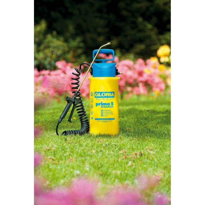 Gloria Pulverizador a Presión Prima 5 Comfort 5L con Lanza y Boquilla de Latón, Manguera Espiral 2.5m, 3 bares y Conexión Compresor 2 Gloria Pulverizador a Presión Prima 5 Comfort 5L con Lanza y Boquilla de Latón, Manguera Espiral 2.5m, 3 bares y Conexión Compresor 2