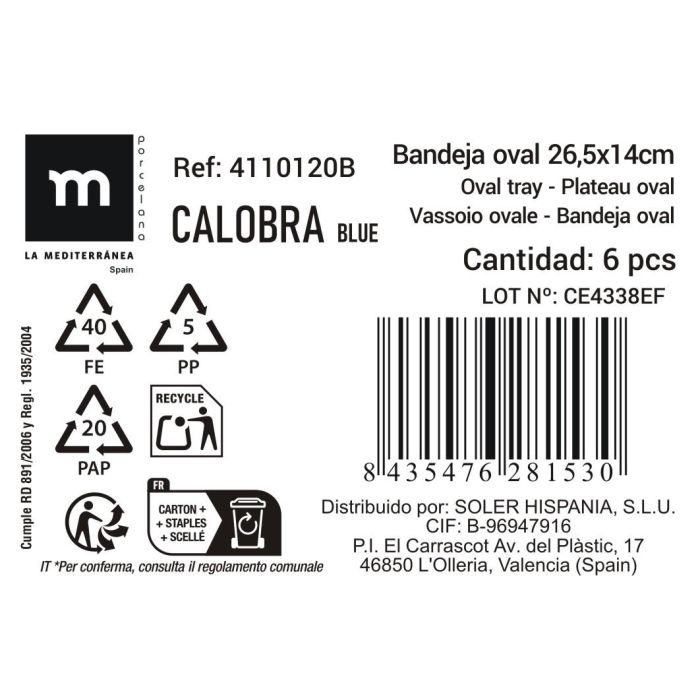 La Mediterranea Bandeja "Calobra" Azul 26.5 x 14 cm (24 Unidades)