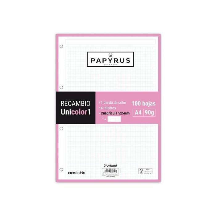 Recambio Papyrus Unicolor1 A4 100H 90G 4 Taladros Cuad.5X5 Rosa Claro 24 unidades