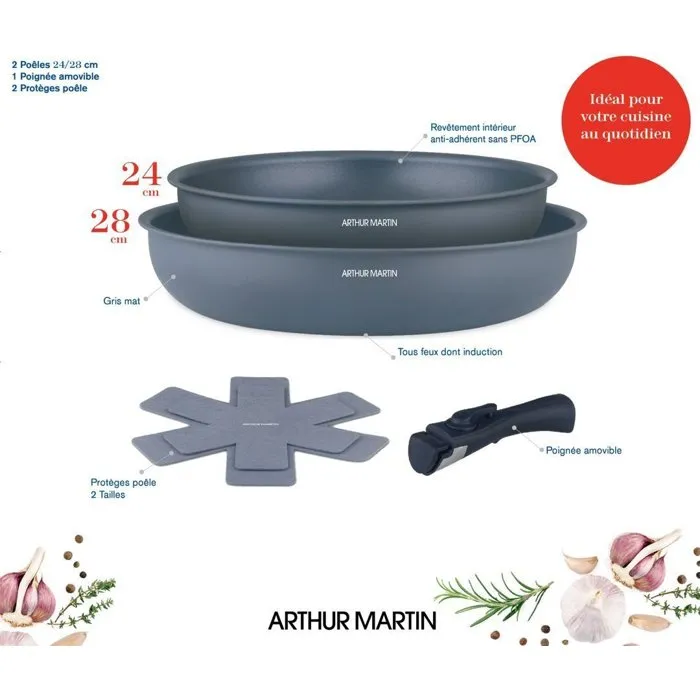 Arthur Martin AM2977 Juego de 2 Sartenes Antiadherentes Ø 24-28 cm con Mango Extraíble Apta Todo Tipo de Fuegos Gris Mate 1