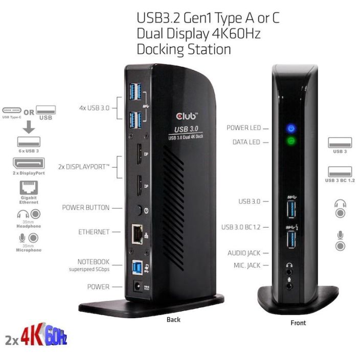 Club3D Docking Station 4K 60Hz USB 3.0 a 6xUSB 3.0/2xDisplayPort/LAN/Audio - Negro 4