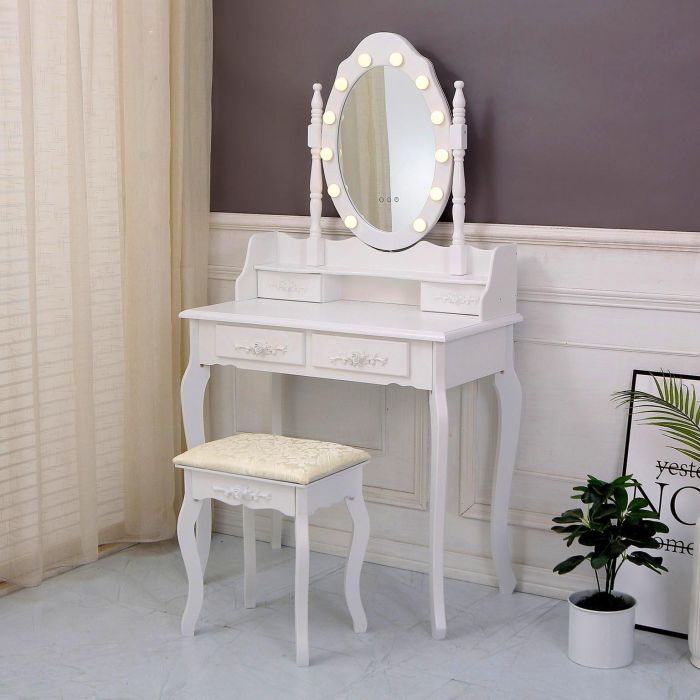Tocador Blanco Con Taburete Y Luces Led Charm Versa 40X146CM 1 Tocador Blanco Con Taburete Y Luces Led Charm Versa 40X146CM 1