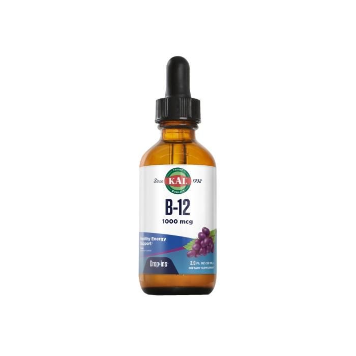 KAL Vitamina B12 Líquida 1000mcg. Cianocobalamina 53ml. Sabor Uva. Ideal para Veganos y Embarazadas