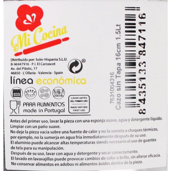 Cazo de Aluminio Sin Tapa 16 cm 1.5L - Mi Cocina (12 Unidades) 1 Cazo de Aluminio Sin Tapa 16 cm 1.5L - Mi Cocina (12 Unidades) 1