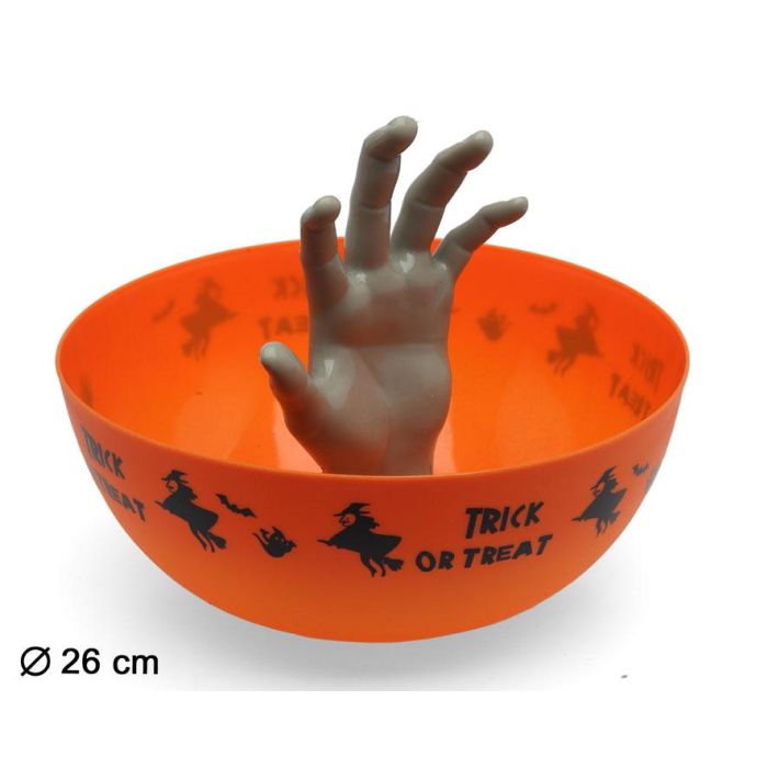 Cuenco Naranja De Halloween Ø26 cm Con Mano Zombi Interior Para Caramelos