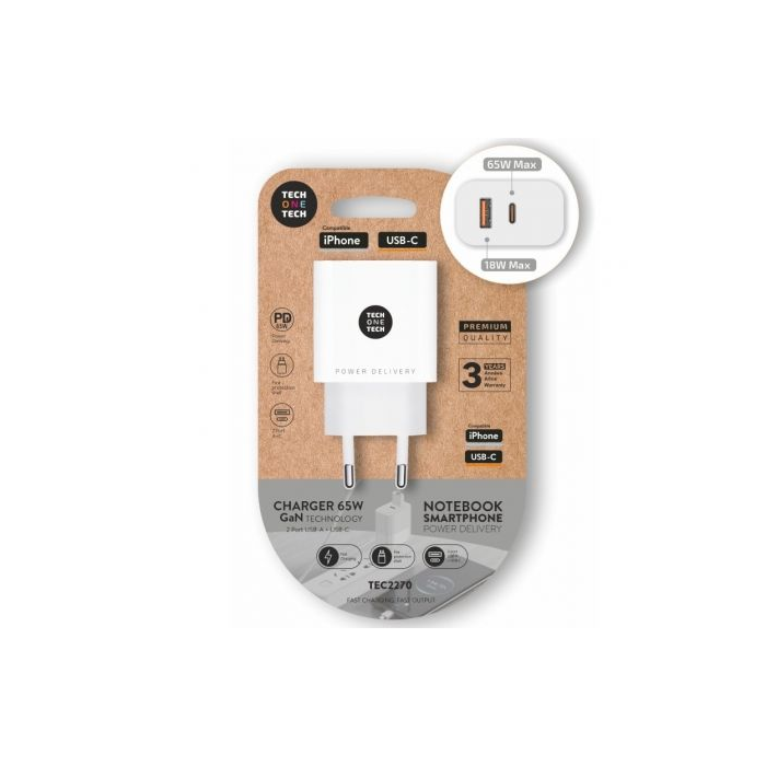 Cargador Gan de Pared Tech One Tech GaN TEC2270/ 1xUSB Tipo-C/ 1x USB/ 65W/ Blanco