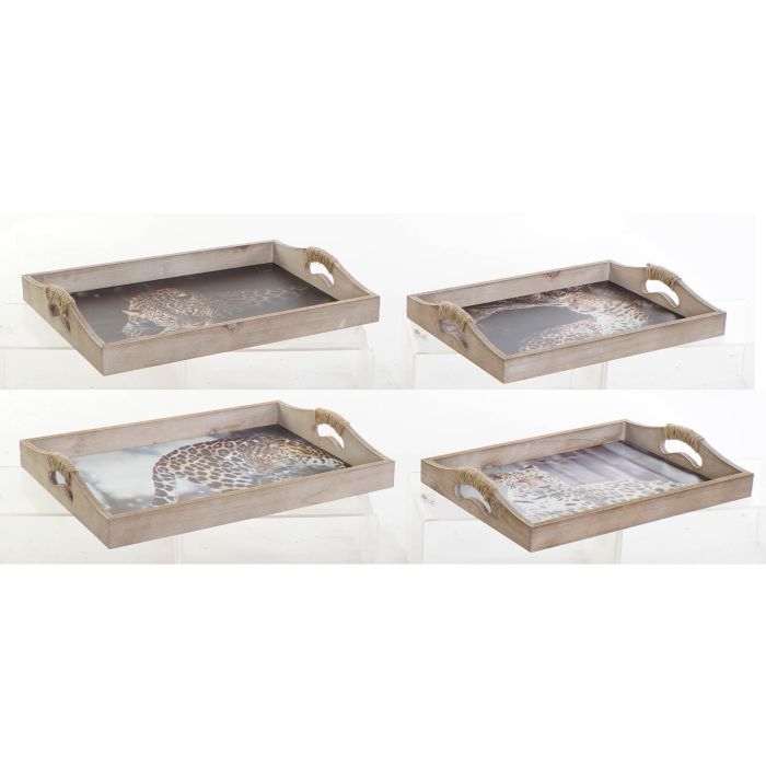 DKD Home Decor Bandeja Colonial Multicolor MDF Leopardo 30 x 6.5 x 40.5 cm Set de 2