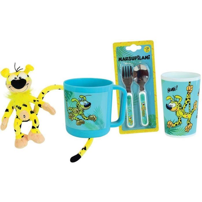 Fun House AAABH72543 - Vajilla Marsupilami: Vaso 220ml, Taza 350ml, Cubiertos y Peluche 18cm