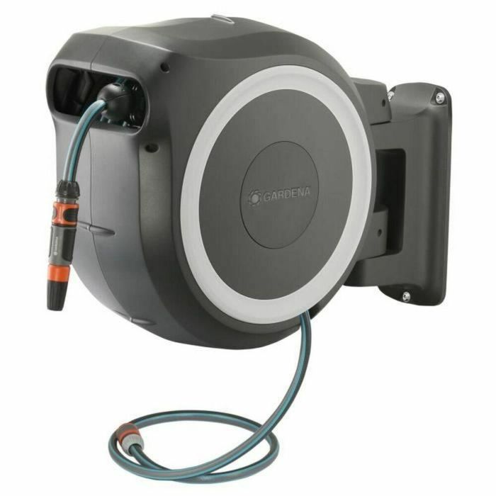 Gardena Enrollador de Manguera Automático de Pared RollUp L 30m, 13mm, Antitorsión, Giro 180°, Borde Blanco, Kit Completo