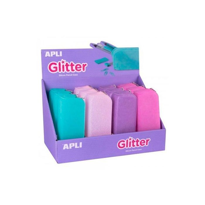 Apli Estuche Portatodo De Silicona Soft Glitter, 185 x 75 x 55 mm, 4 Colores Surtidos, Expositor 12 Unidades