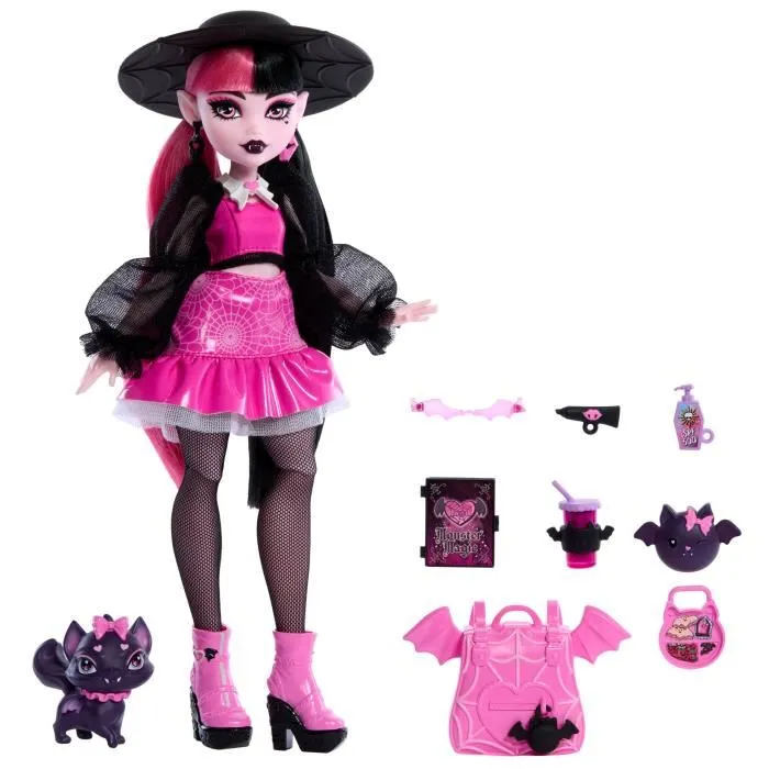 Mattel Muñeca Draculaura Monster High Articulada con Mascota Count Fabulous y Accesorios +4 años 5