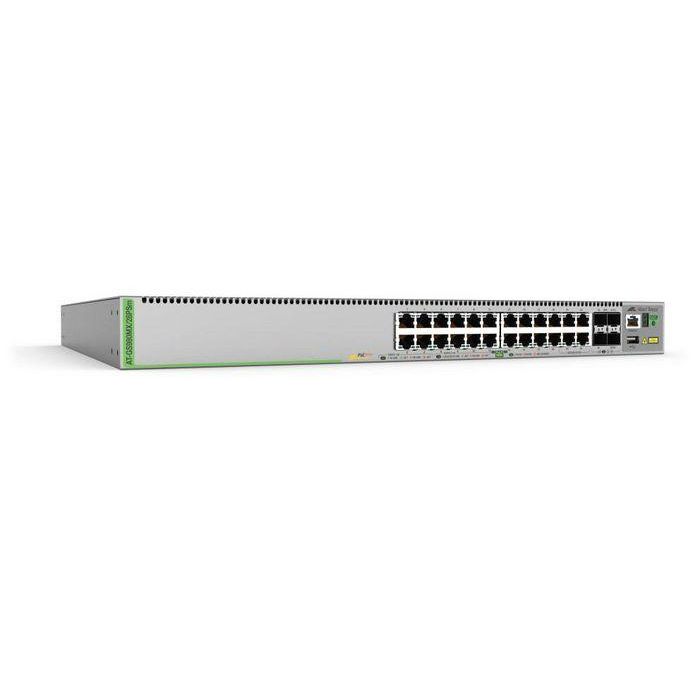 Allied Telesis 20-port 10/100/1000T PoE+ and 4-ports 100M/1/2.5/5G PoE+ stackable switch with 4 SFP+ ports and a single fixed power supply Allied Telesis 20-port 10/100/1000T PoE+ and 4-ports 100M/1/2.5/5G PoE+ stackable switch with 4 SFP+ ports and a single fixed power supply