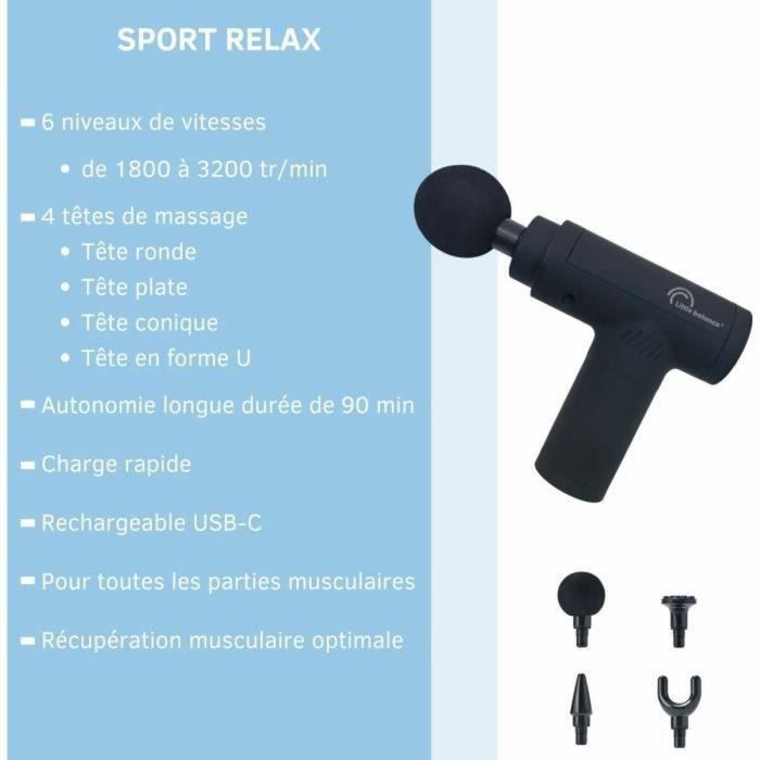 Pistola de masaje - LITTLE BALANCE - Sport Relax - 6 velocidades - 4 cabezales - Negro 2