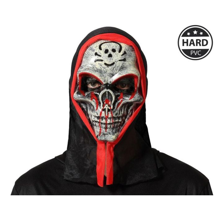 Máscara Calavera Blanca con Detalles Rojos y Capucha Negra para Halloween y Eventos de Terror