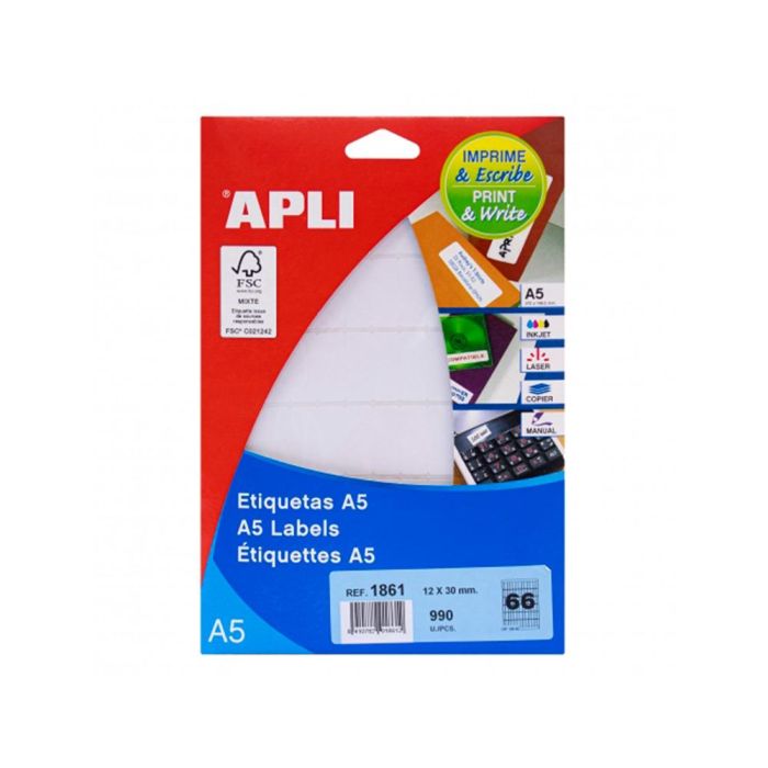 Apli Etiquetas Adhesivas 12x30 mm Manual-Impresión C-Romos 66 X 15H A5 Blanco 1