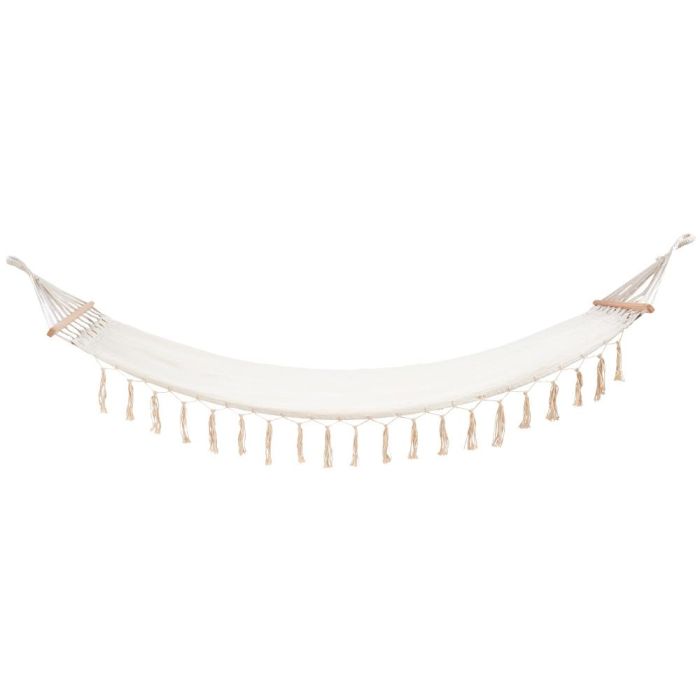 Outfit Hamaca de Polialgodón Blanca con Flecos 200x80 cm y Barra de Madera 2