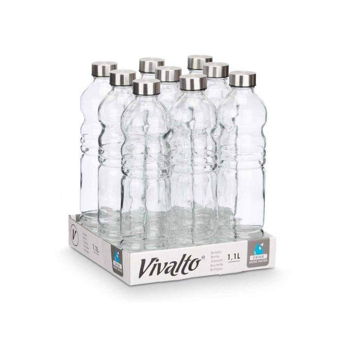 Botella de Cristal Vivalto 1100 ml - 8x31x8 cm, Transparente y Plata (18 Unidades) 2 Botella de Cristal Vivalto 1100 ml - 8x31x8 cm, Transparente y Plata (18 Unidades) 2