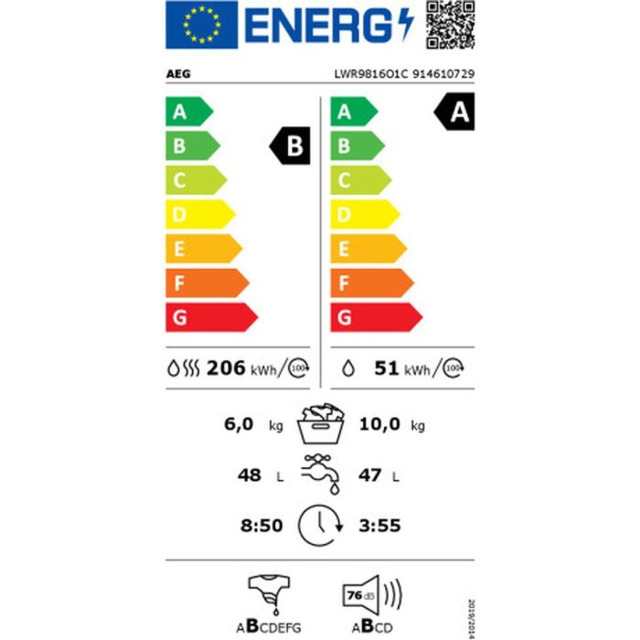 Lavadora - Secadora AEG LWR9816O1C 10/6K 1600R BCA B/A 1600 rpm 6 Kg 1