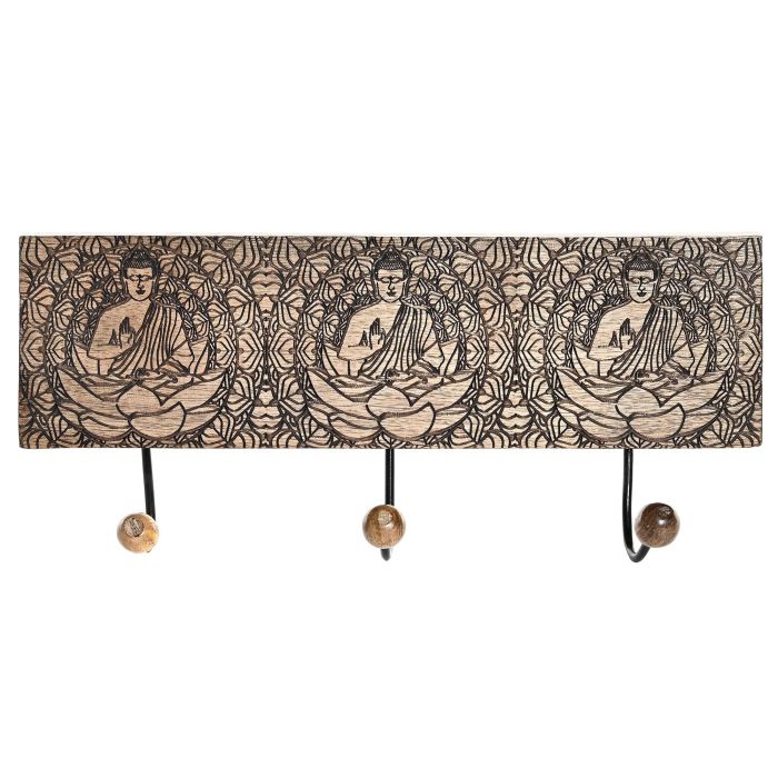 DKD Home Decor Perchero de Pared Oriental con Buda, 3 Colgadores, Madera de Mango y Metal, Marrón Oscuro 38x18x6 cm