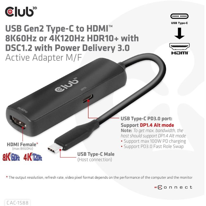 Club3D Adapter USB 3.2 Tipo C a HDMI 2.1 HDR10 8K 60Hz Activo 5 Club3D Adapter USB 3.2 Tipo C a HDMI 2.1 HDR10 8K 60Hz Activo 5