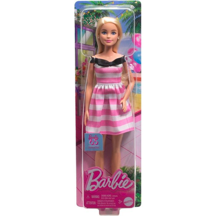 Barbie Muñeca 65 Aniversario Hth66 Mattel Vestido Rayas Rosas Blancas Lazo Negro Pendientes Perlas Tacones 1