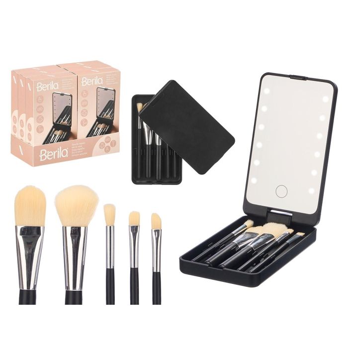 Berilo Estuche de 5 Brochas de Maquillaje con Espejo, Negro, Plástico y Cristal, 16x9x2.6 cm (12 Unidades)