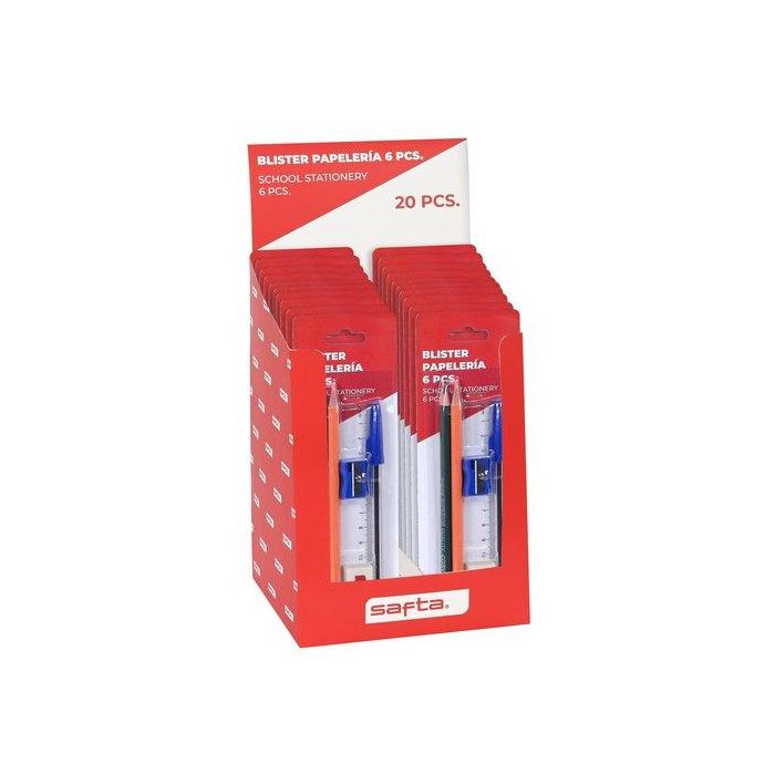 Set Papeleria Safta 6 Piezas Expositor De 20 (2X Lapiz Hb, 1X Boligrafo Azul, 1X Afila, 1X Goma, 1X Regla 15 Cm.)